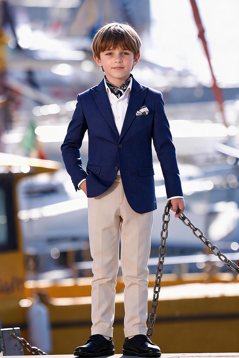 Boys Navy Notch Lapel Blazer & Cream Cuffed Trousers 2-Piece Suit for Weddings