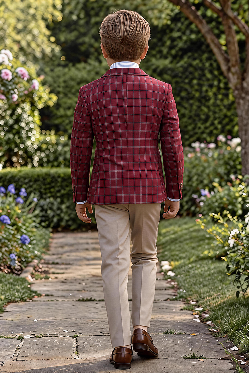 Boys Burgundy Windowpane Check Notch Lapel Blazer & Khaki Trousers 2-Piece Suit for Weddings