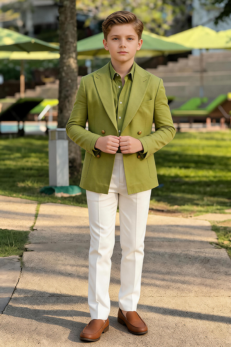 Boys Olive Linen Double Breasted Blazer & White Trousers 2-Piece Suit for Weddings