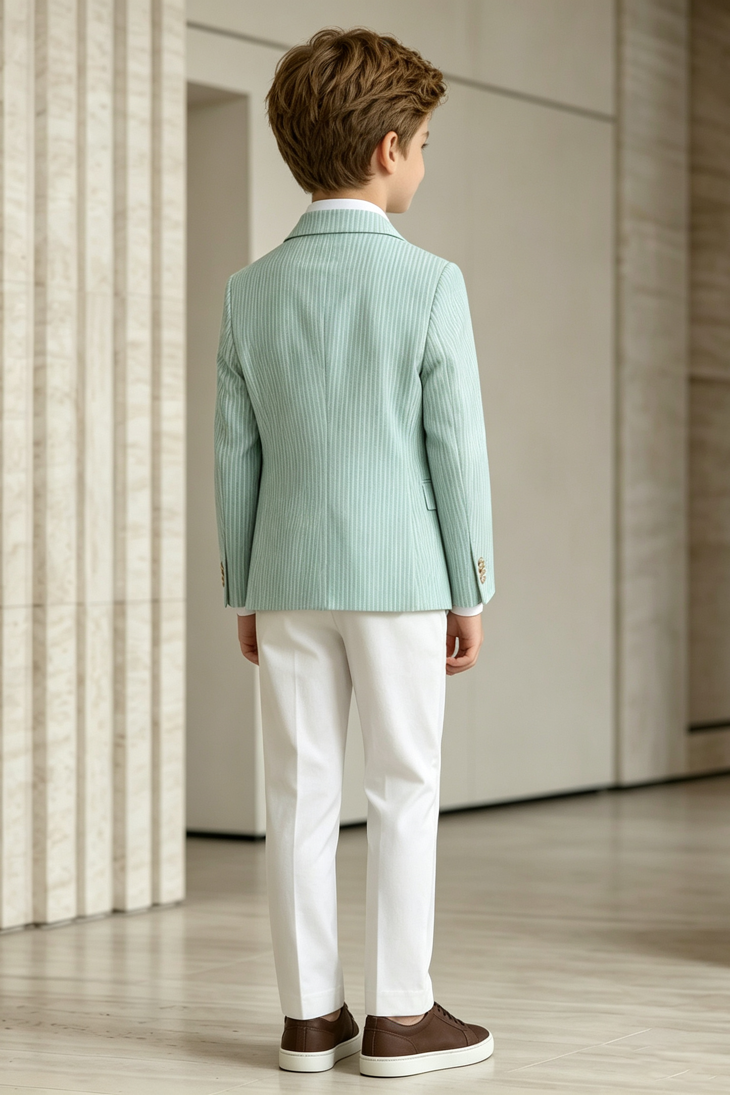 Mint Green & white Vertical Stripe Twill Single Breasted Blazer 2-Piece Suit