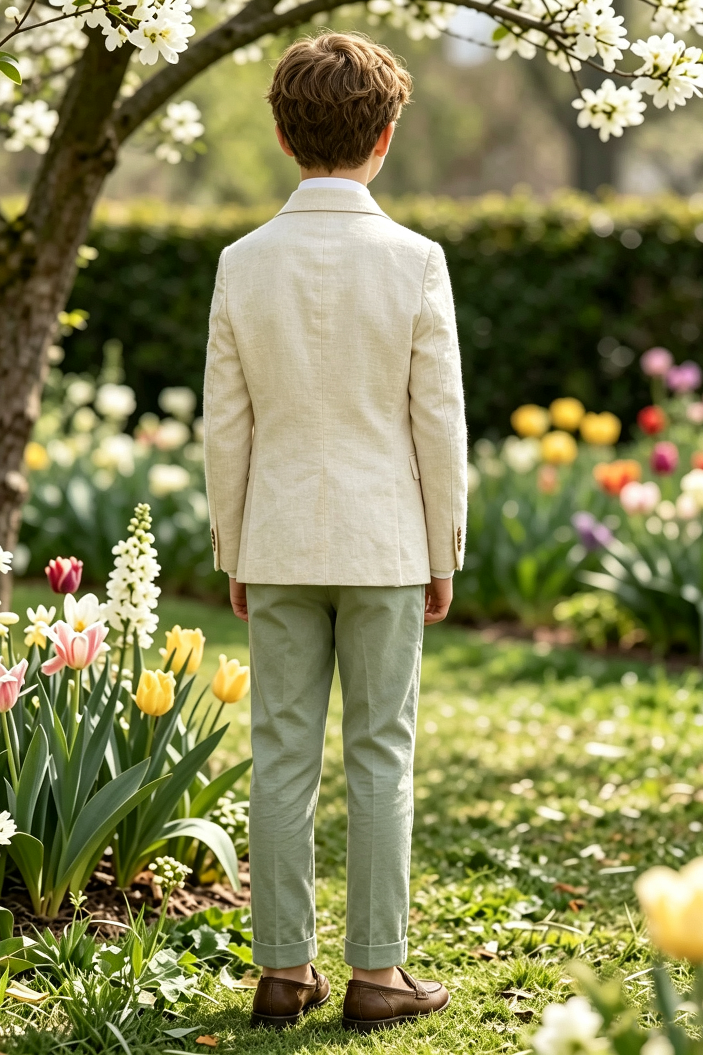 Beige & Sage Green Cotton Linen-Blend Single Breasted Blazer 2-Piece Suit