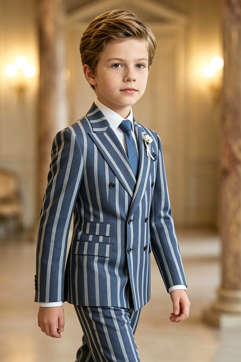 Boys Navy Vertical Stripe Double Breasted Blazer for Wedding Formal Occasions