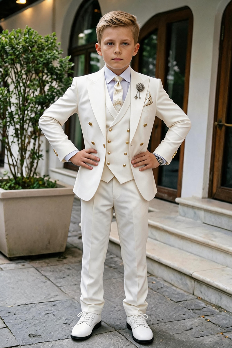 Boys Ivory Double Breasted 3-Piece Suit for Villa Garden Wedding Formal Occasions