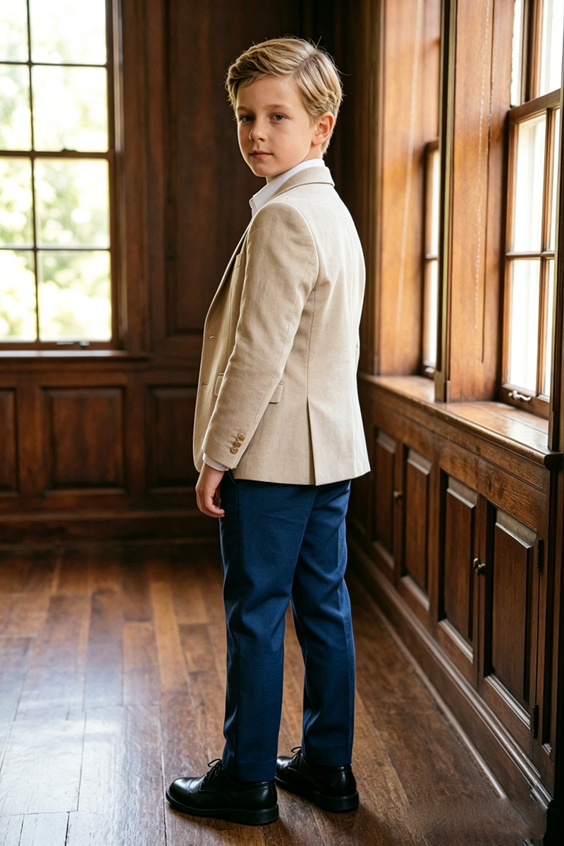 Boys Beige Notch Lapel Linen Blazer & Navy Trousers 2-Piece Suit for Wedding