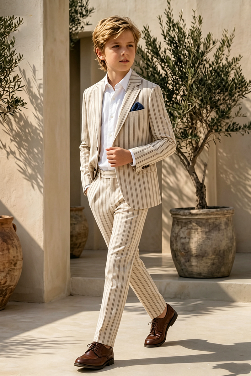 Boys Beige Vertical Stripe Linen 2-Piece Suit for Wedding