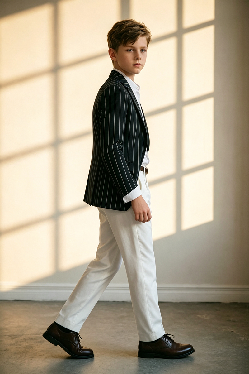 Boys Contrast Pinstripe Blazer & White Trousers 2-Piece Suit for Wedding
