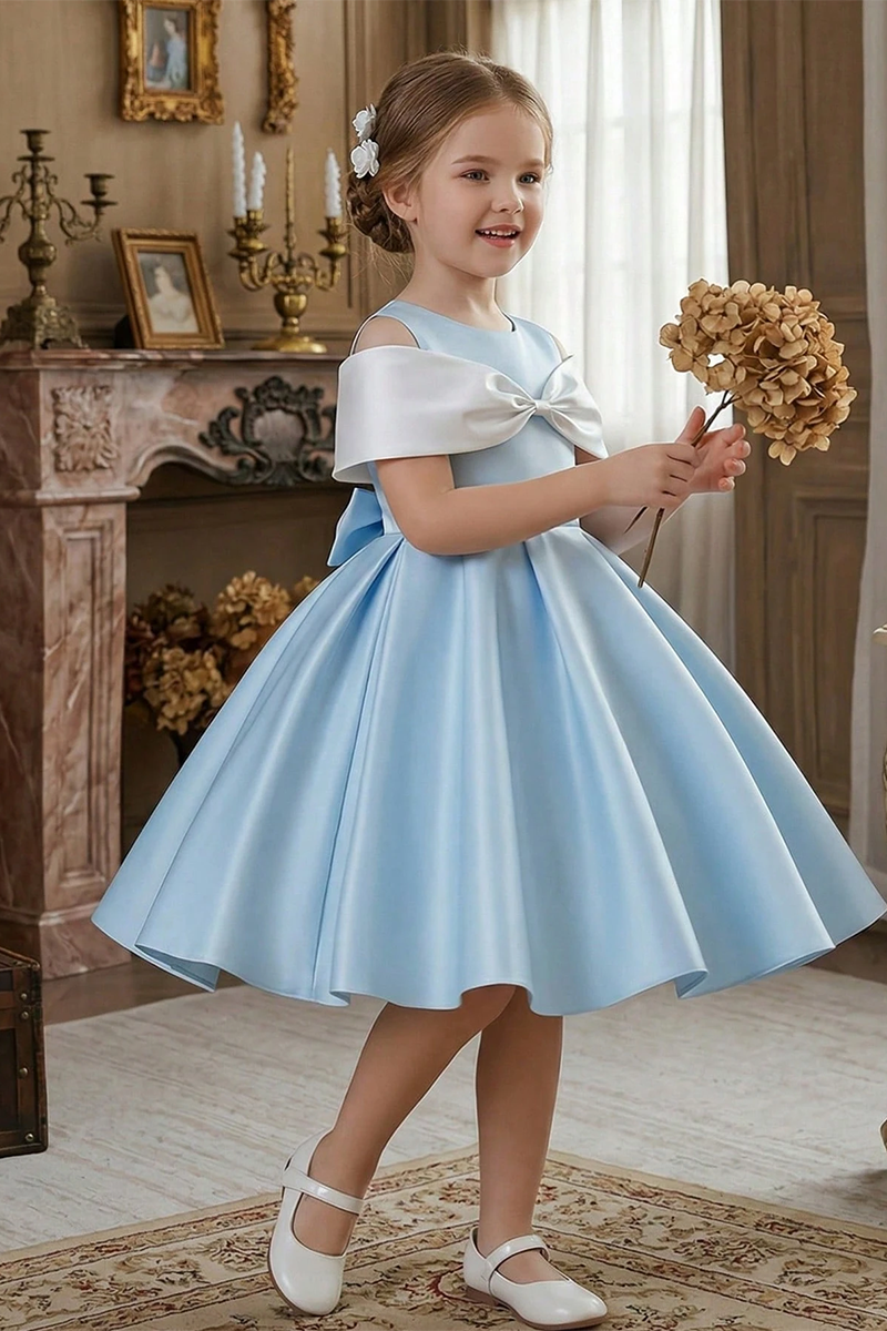 Girls Light Blue Satin Flower Girl Dress for Weddings with Contrast Bow Details