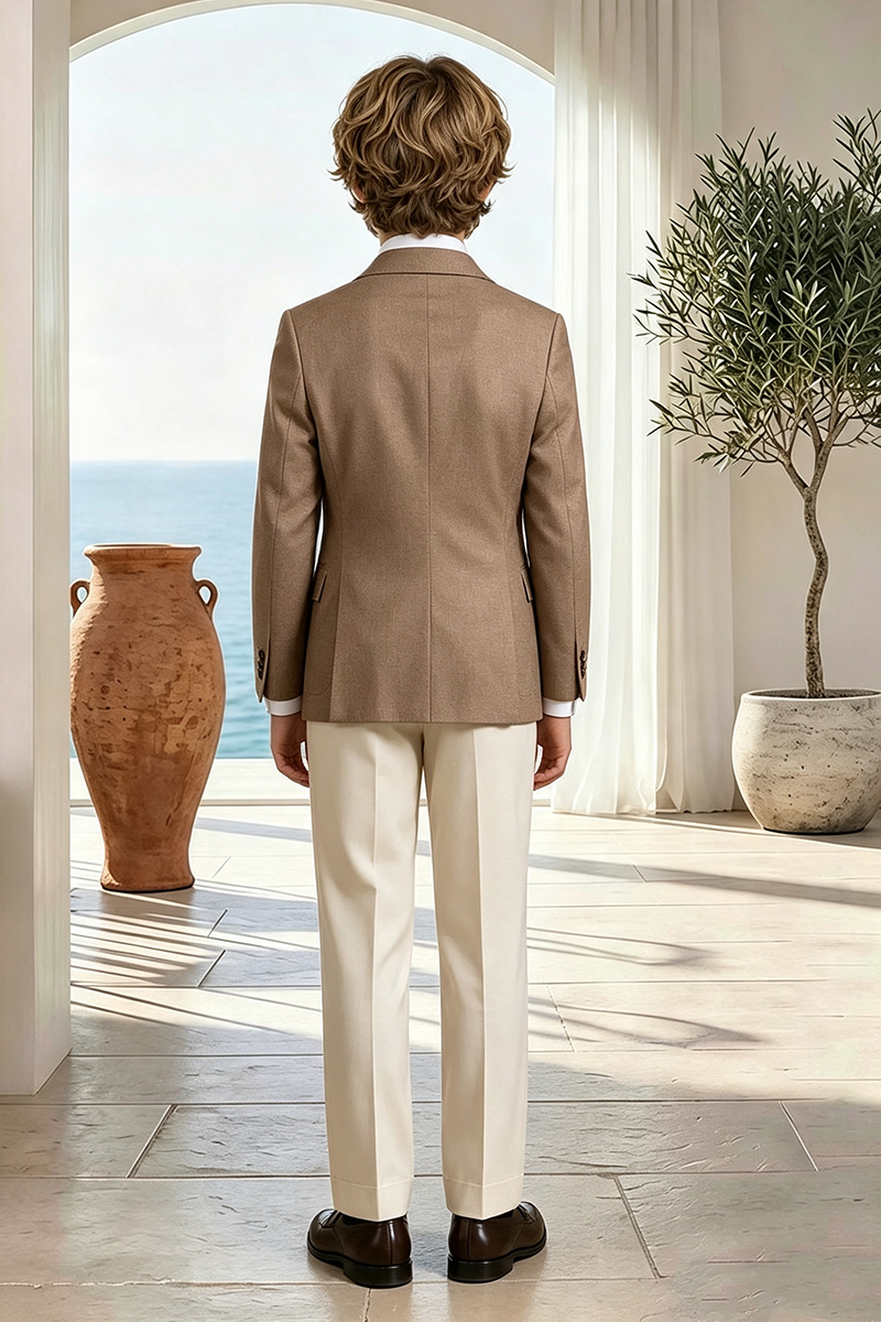 Boys Camel Blazer & White Trousers 2-Piece Suit for Weddings