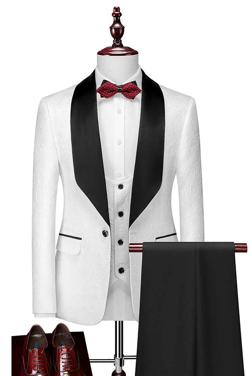 White Jacquard Black Satin Serge?Blend 3?Piece Formal Suit