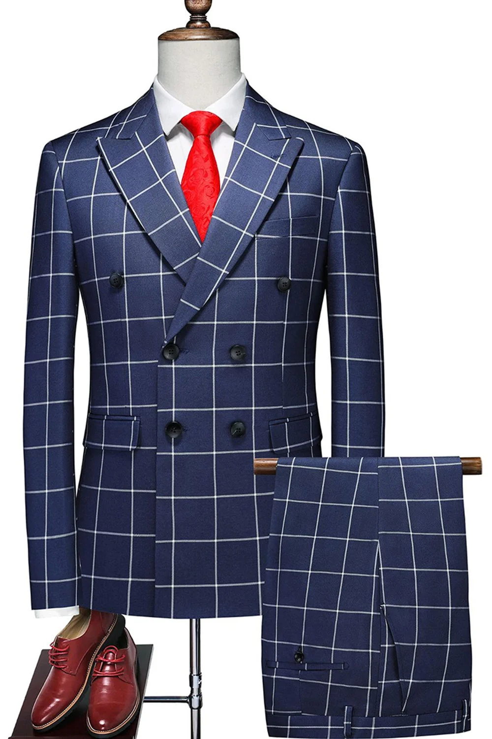 Navy Windowpane Check Double?Breasted 2?Piece Formal Suit Set
