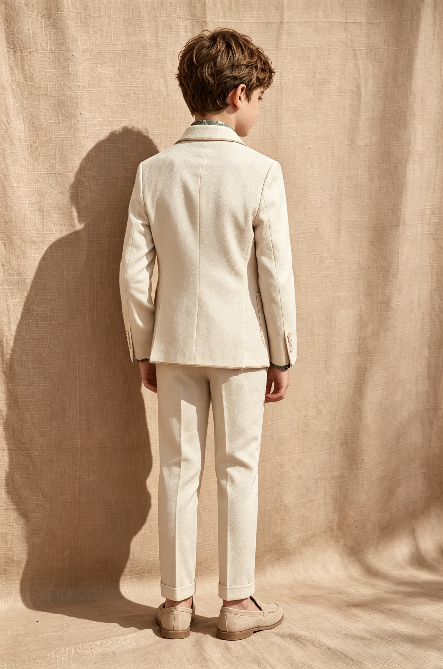 Beige Cotton?Linen Blend Brown Piping Double?Breasted 2?Piece Suit