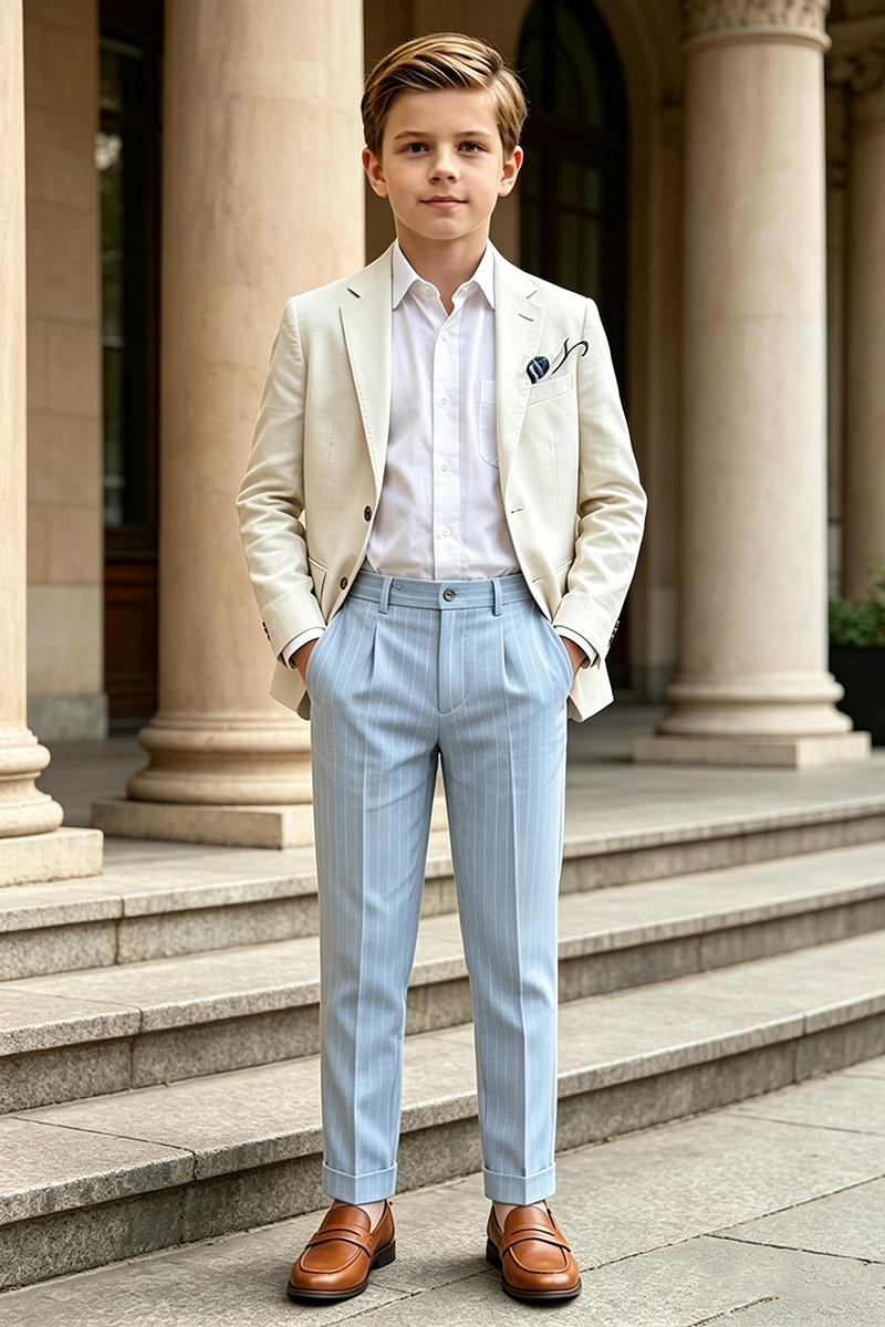 Boys Beige Linen?Blend Blazer & Light Blue Pinstripe Trousers 2-Piece Suit for Weddings