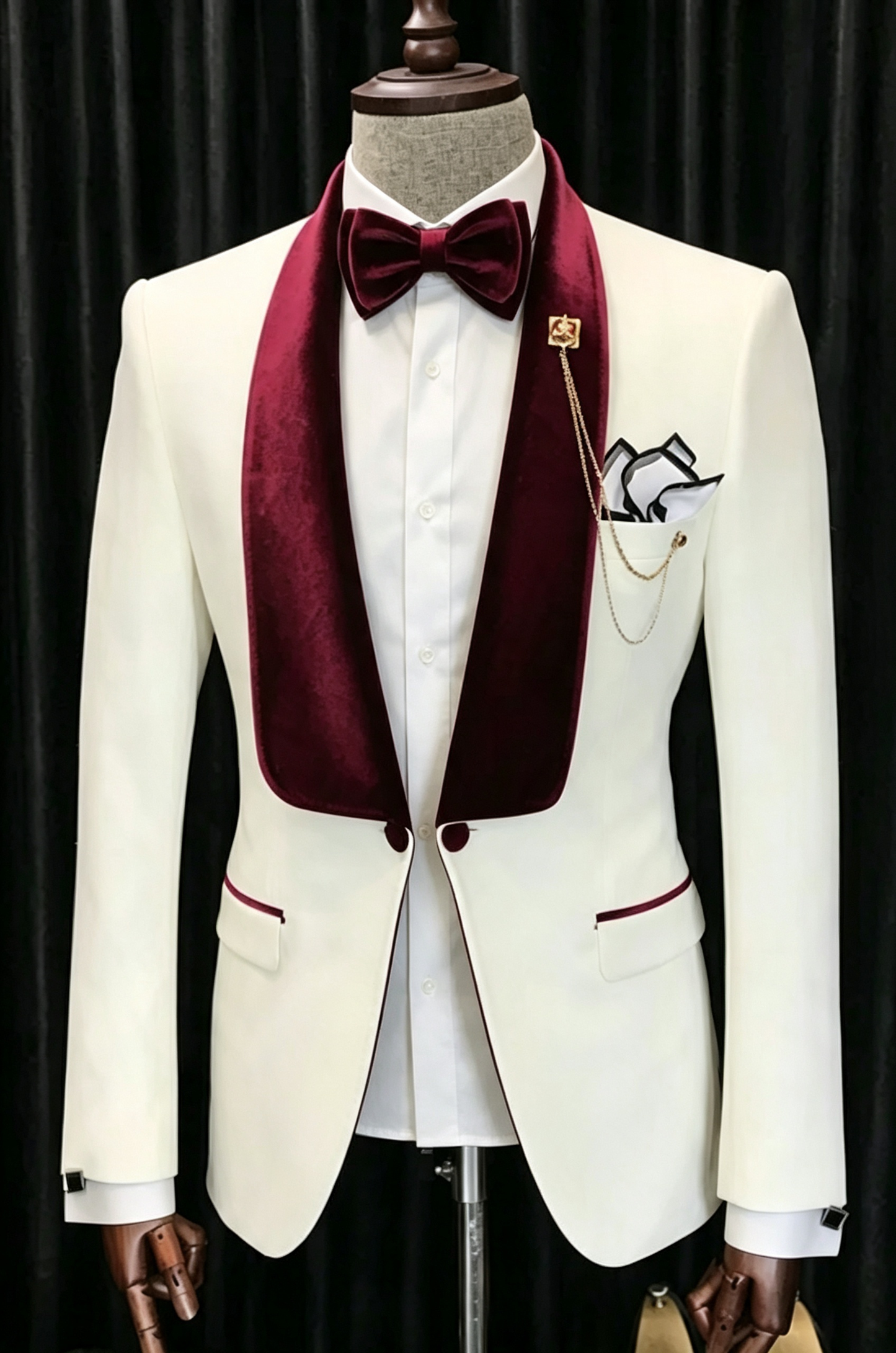 Cream White Serge?Blend Boys 2?Piece Tuxedo with Burgundy Velvet Lapels