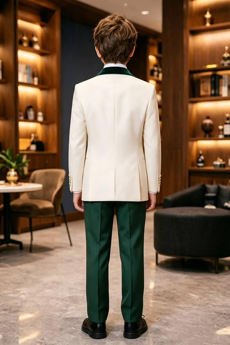 Boys Cream Velvet?Trim Tuxedo 3-Piece Suit for Wedding