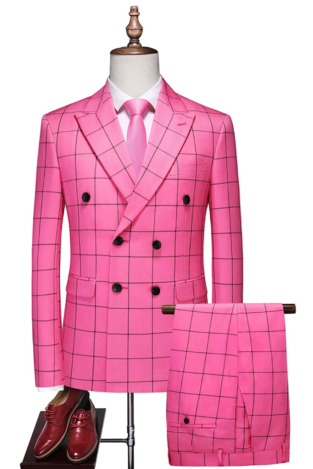 Magenta Grid Check Serge?Blend Double?Breasted 2?Piece Suit Set