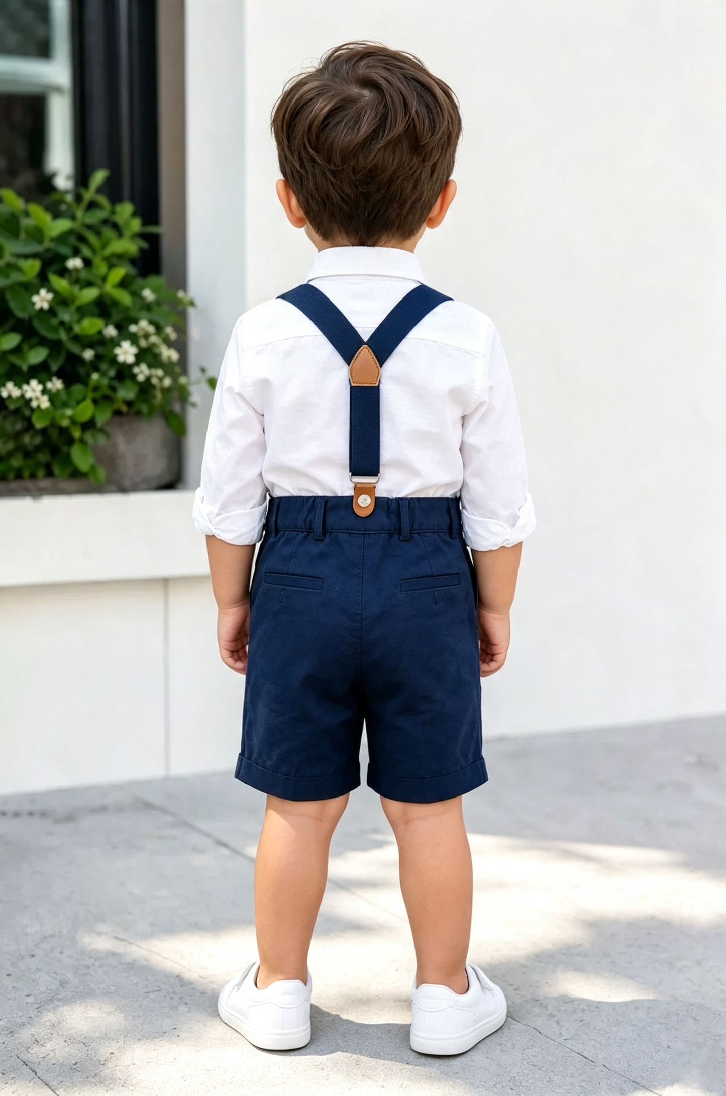Navy Cotton?Linen Blend Suspender Shorts