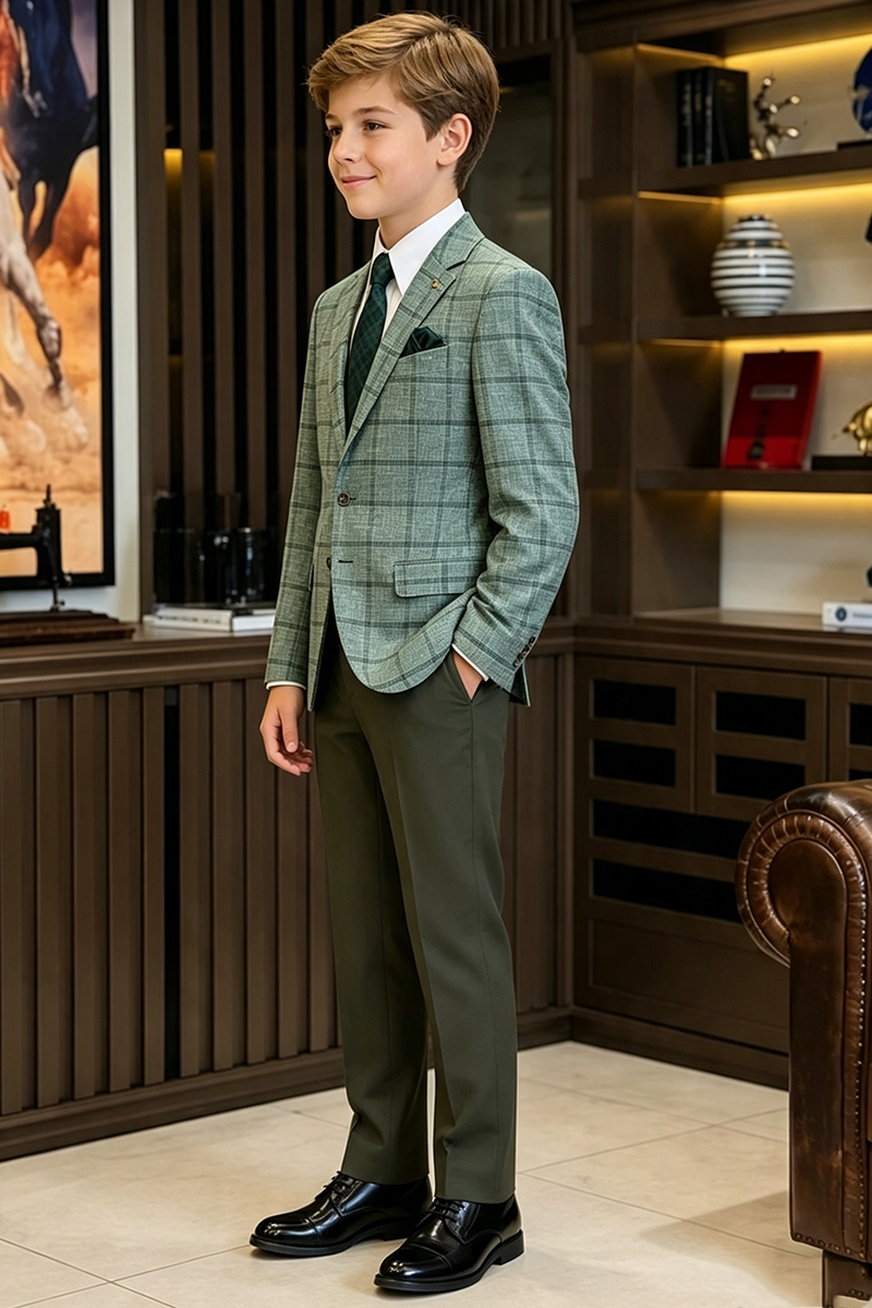Boys Green Plaid Notch Lapel with Color Block Trousers 2-Piece Suit for Weddings