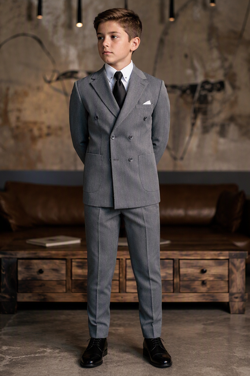 Boys Grey Double-Breasted Notch Lapel 2-Piece Suit for Weddings