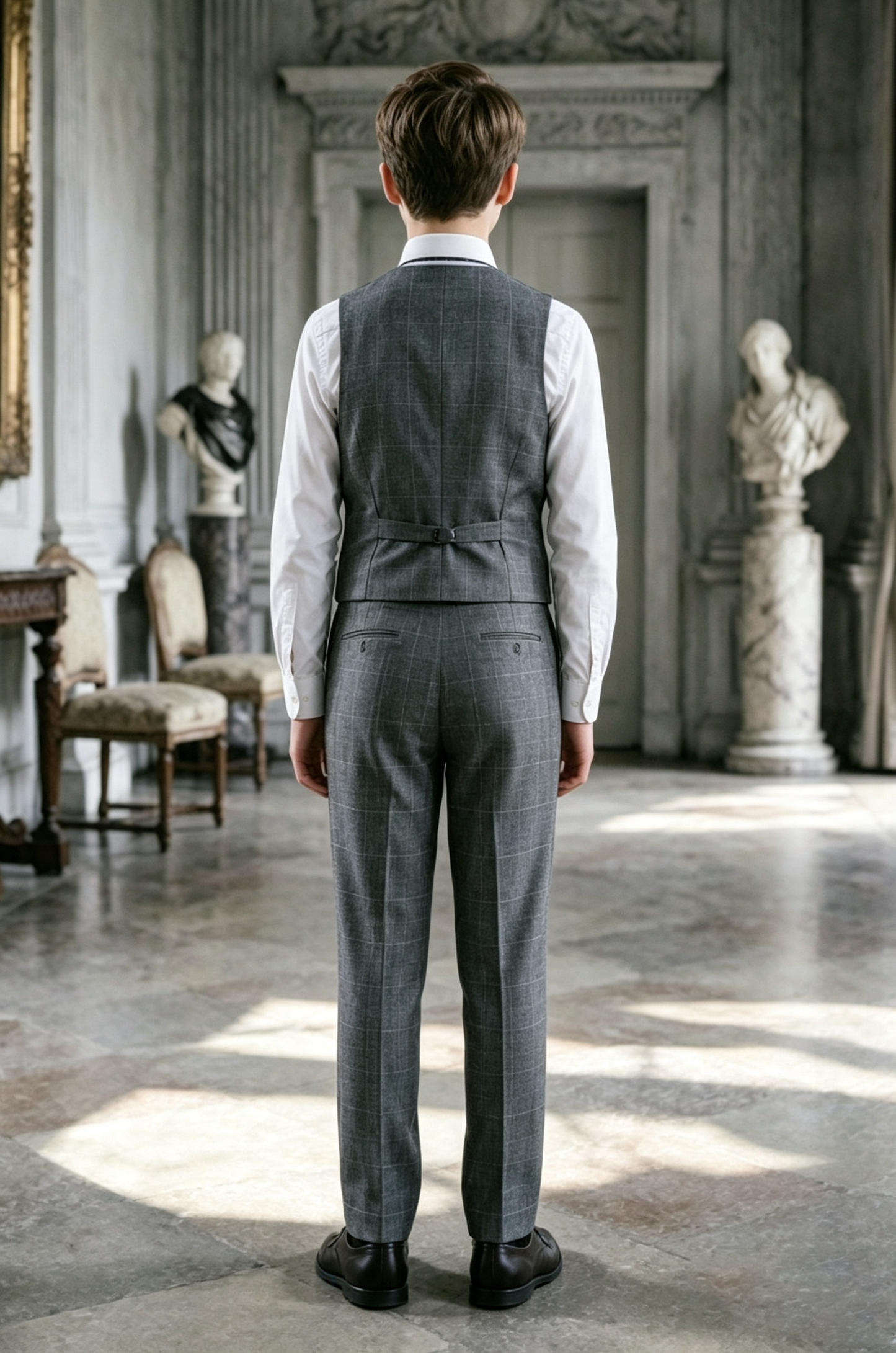 Deep Grey Windowpane Check Serge?Blend Double?Breasted Waistcoat 2?Piece Suit
