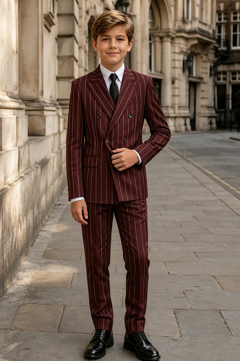 Boys Burgundy Pinstripe Double?Breasted 2-Piece Suit for Weddings