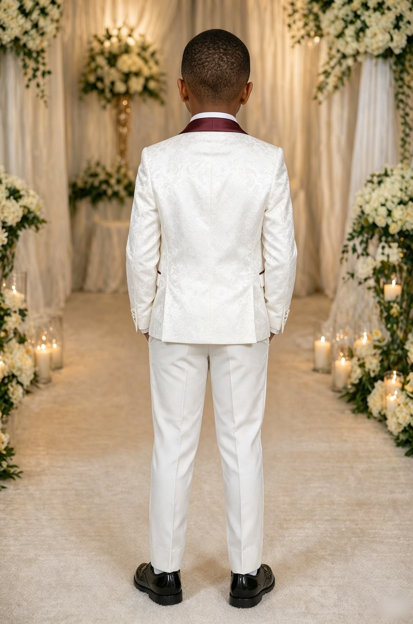 White Jacquard Satin Burgundy Contrast Lapel Single?Breasted 3?Piece Suit