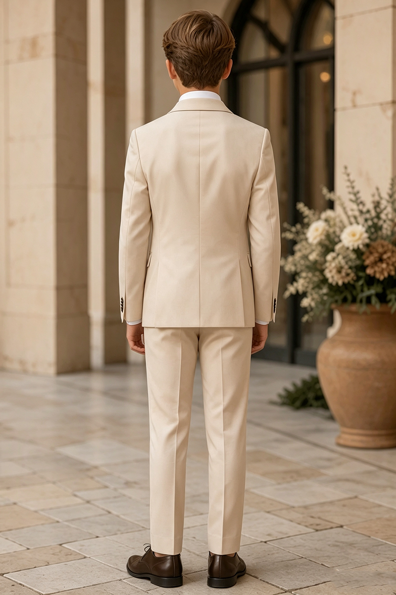 Boys Beige Double?Breasted Tuxedo with Brown Shawl Lapel for Weddings