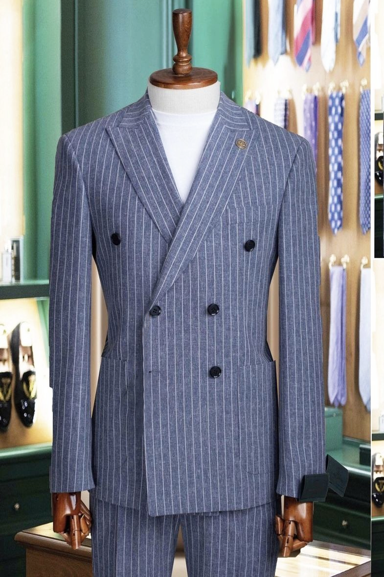 Blue‑Grey Pinstripe Serge‑Blend Double‑Breasted Formal 2‑Piece Suit