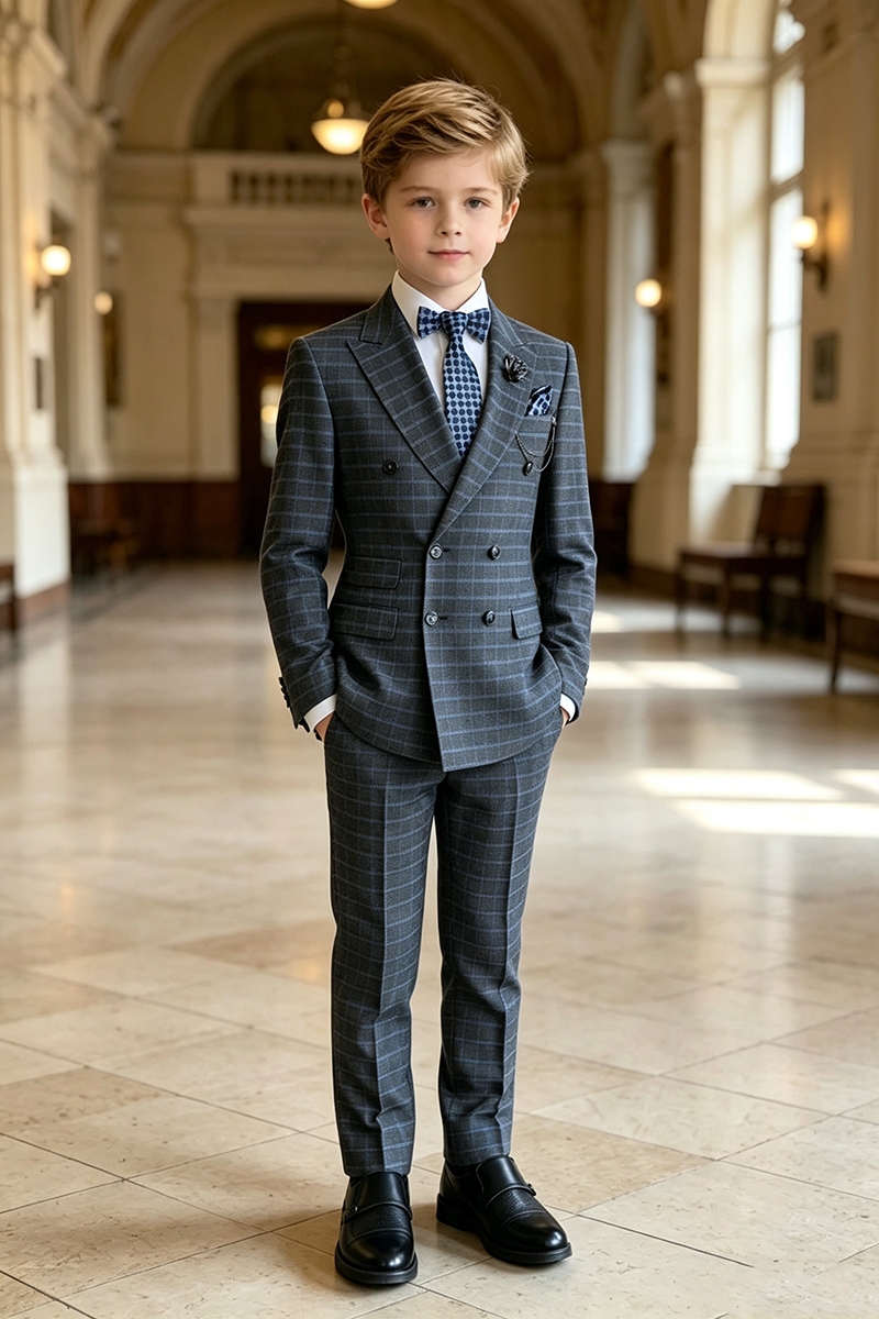 Boys Grey Plaid Double‑Breasted 2-Piece Suit for Weddings