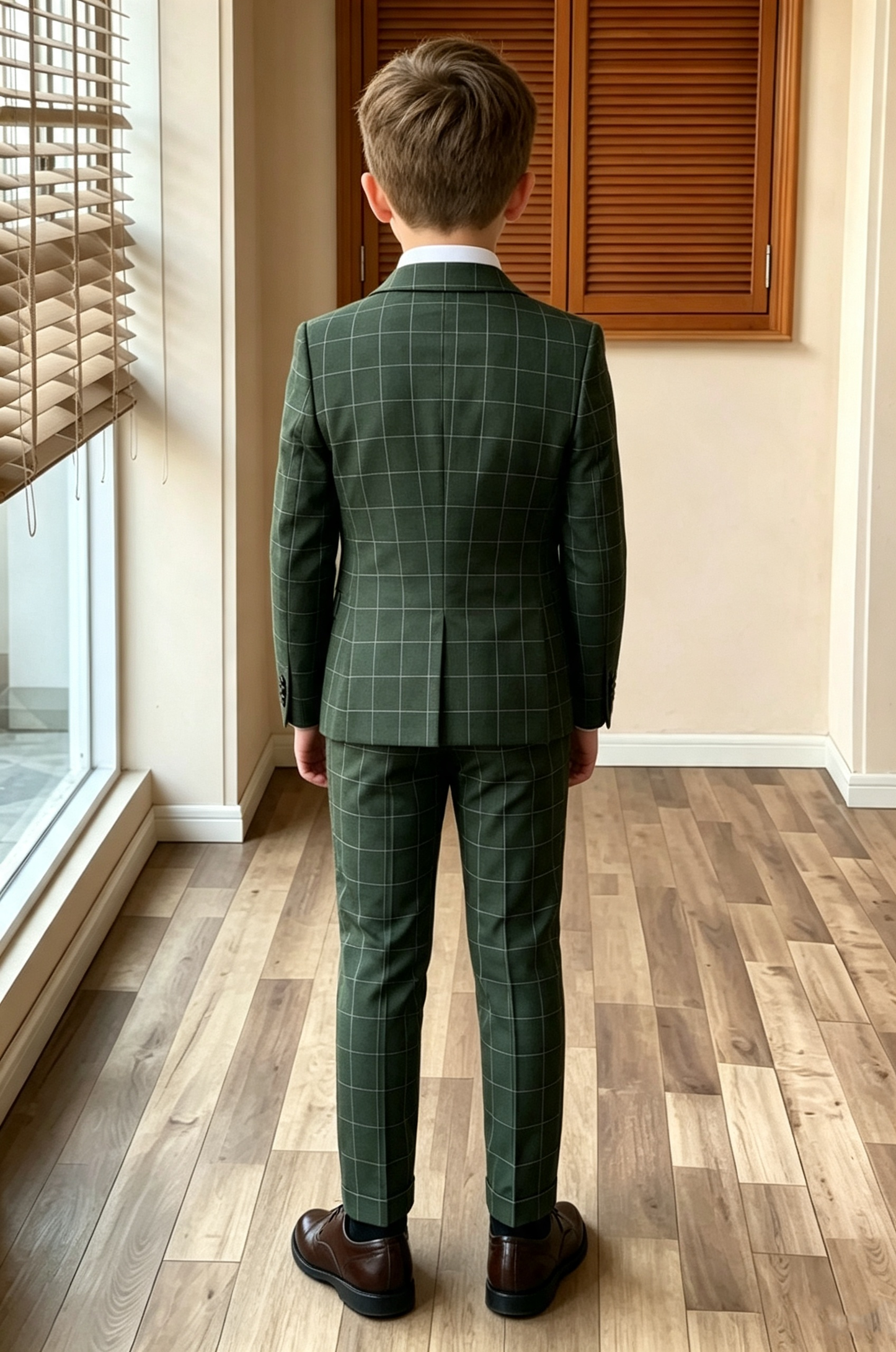 Deep Green Windowpane Check British Serge‑Blend 3‑Piece Suit