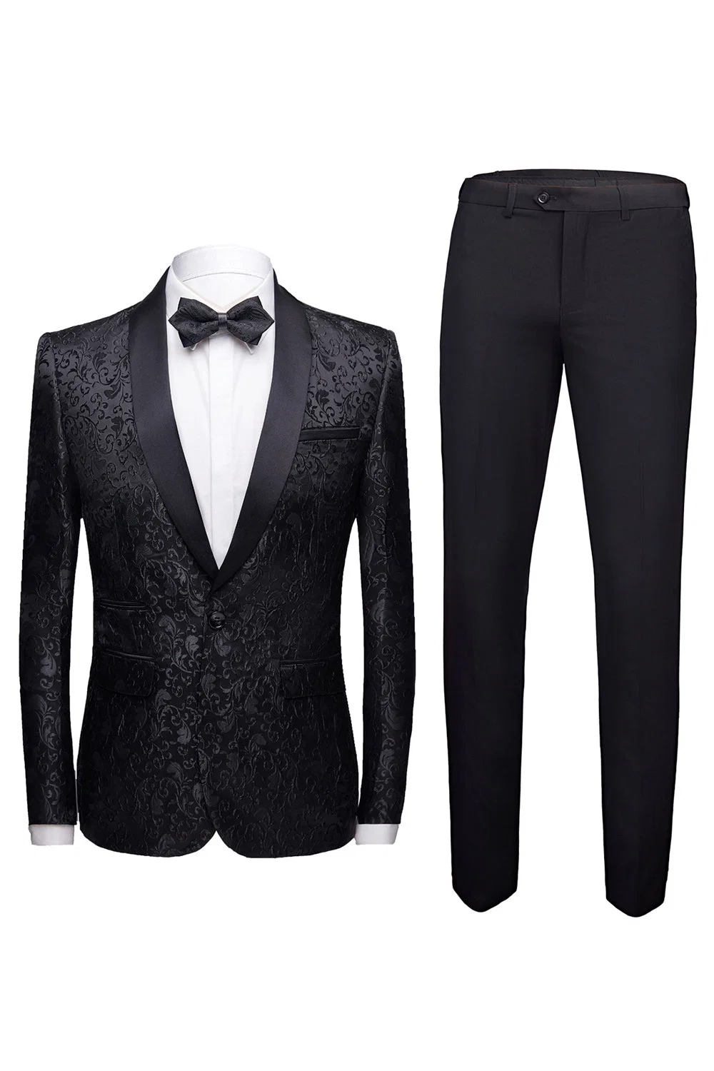 Black Jacquard Satin Lapel Serge‑Blend 2‑Piece Tuxedo Suit
