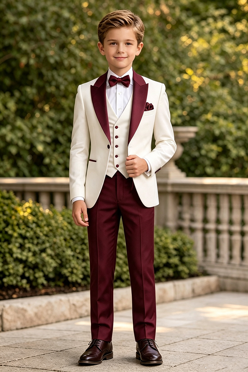 Boys Ivory Burgundy Tuxedo with Satin Shawl Lapel 3-Piece Suit for Weddings