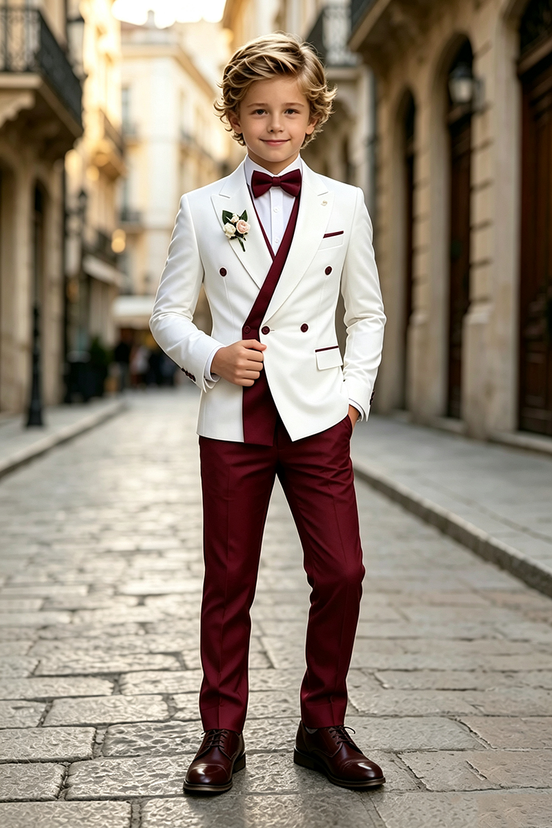 Boys White‑Burgundy Tuxedo with Contrast Accents 2-Piece Suit for Weddings