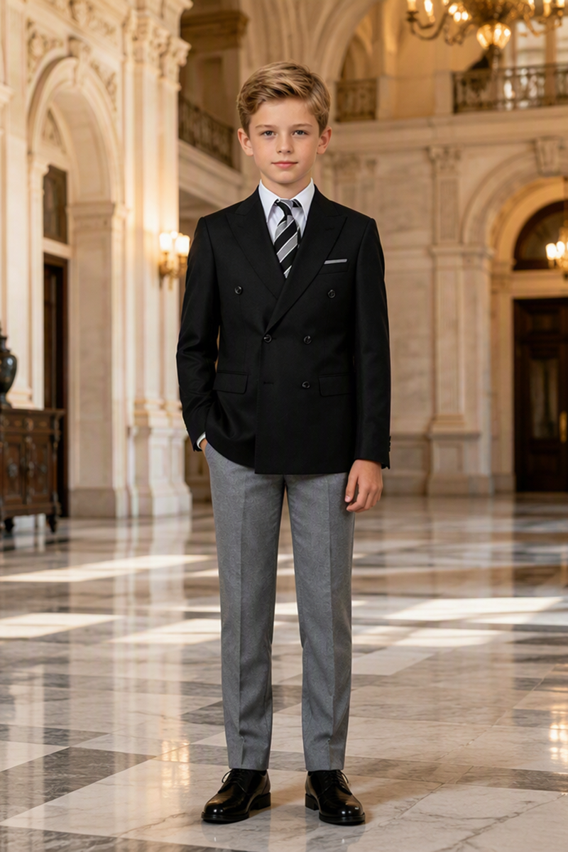 Boys Black‑Grey with Notch Lapel 2-Piece Suit for Weddings
