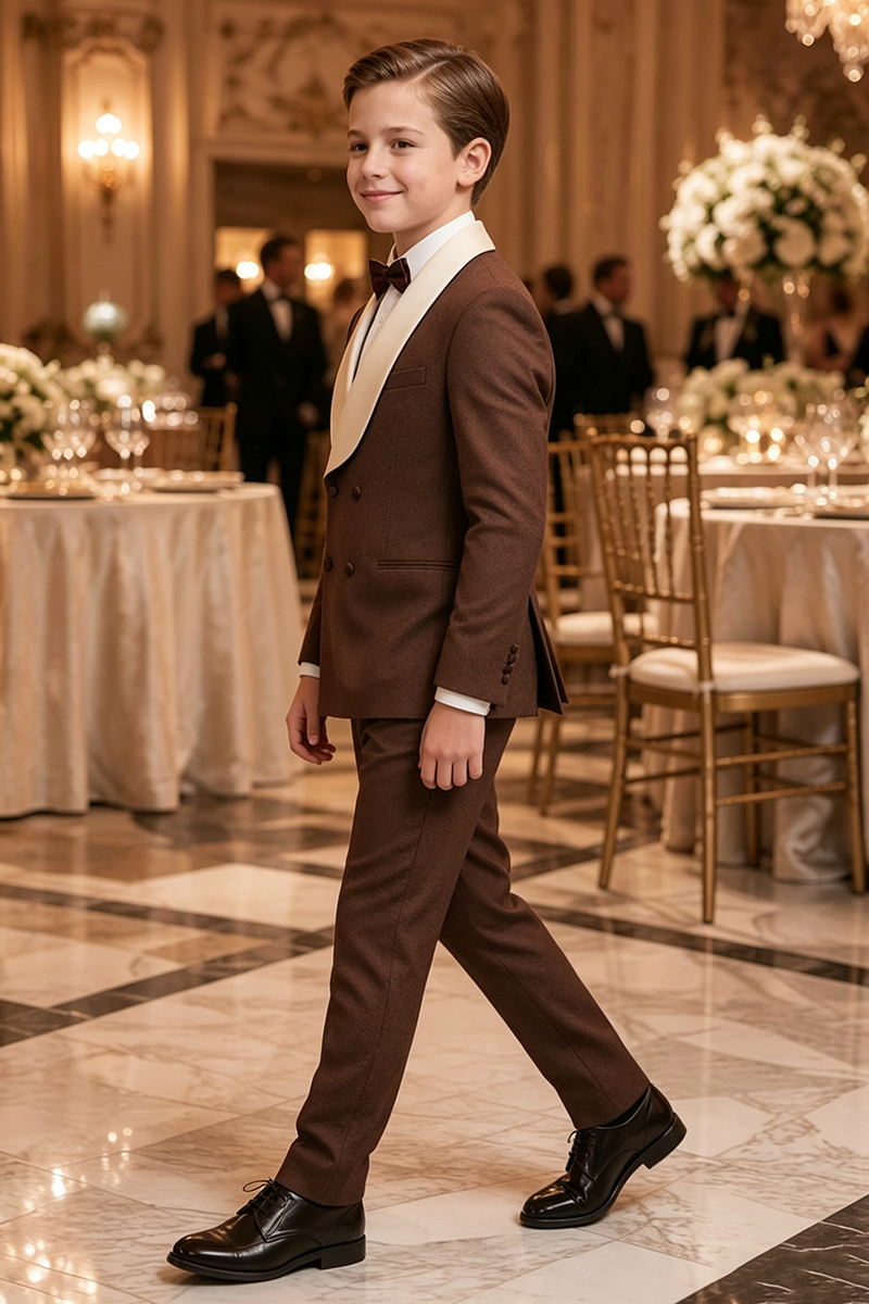 Boys Brown Tuxedo with Ivory Shawl Collar 2-Piece Suit for Weddings