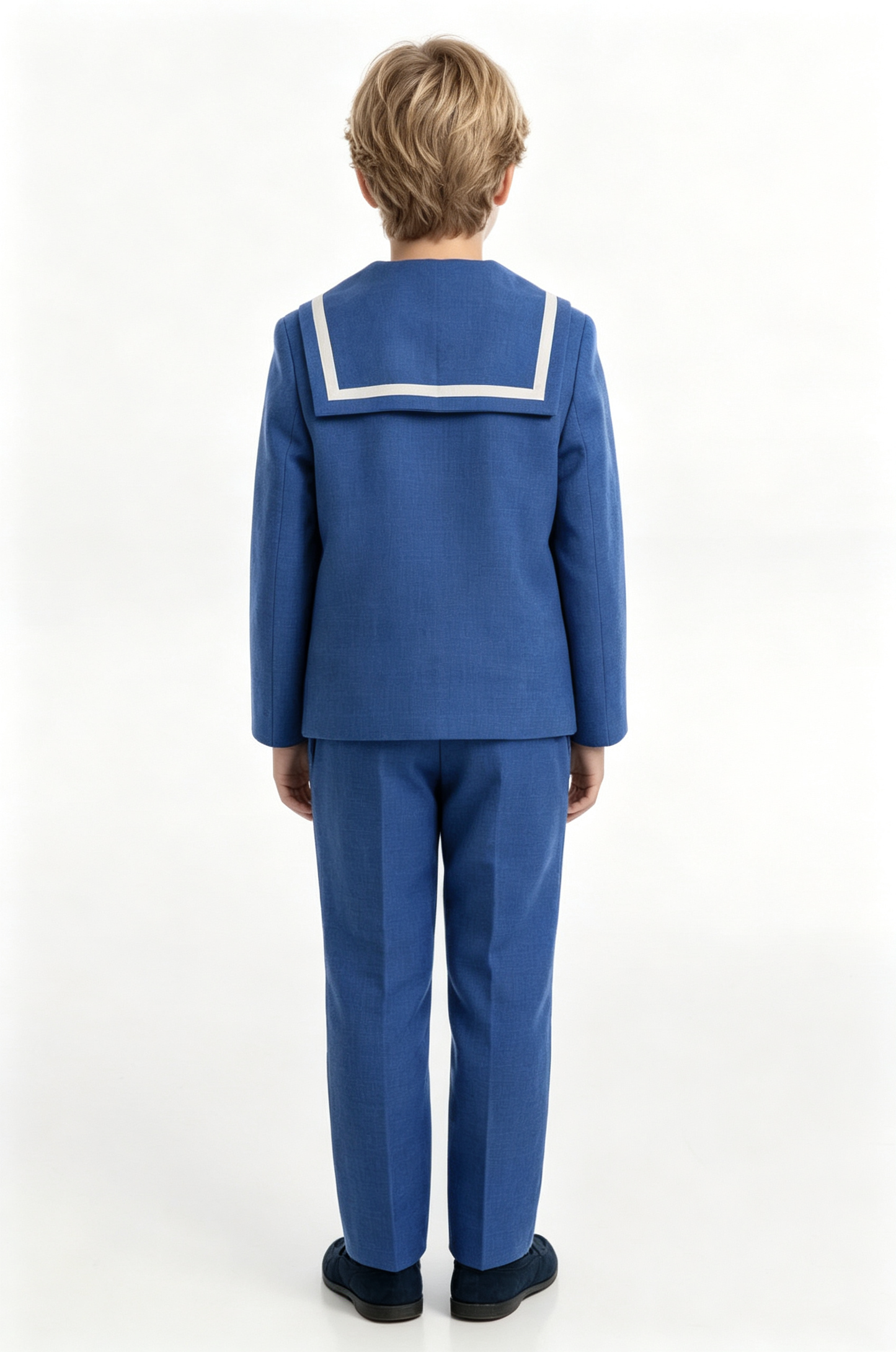 Deep‑Blue Cotton‑Linen‑Blend Pullover Long‑Sleeve 2‑Piece Boys Sailor Suit