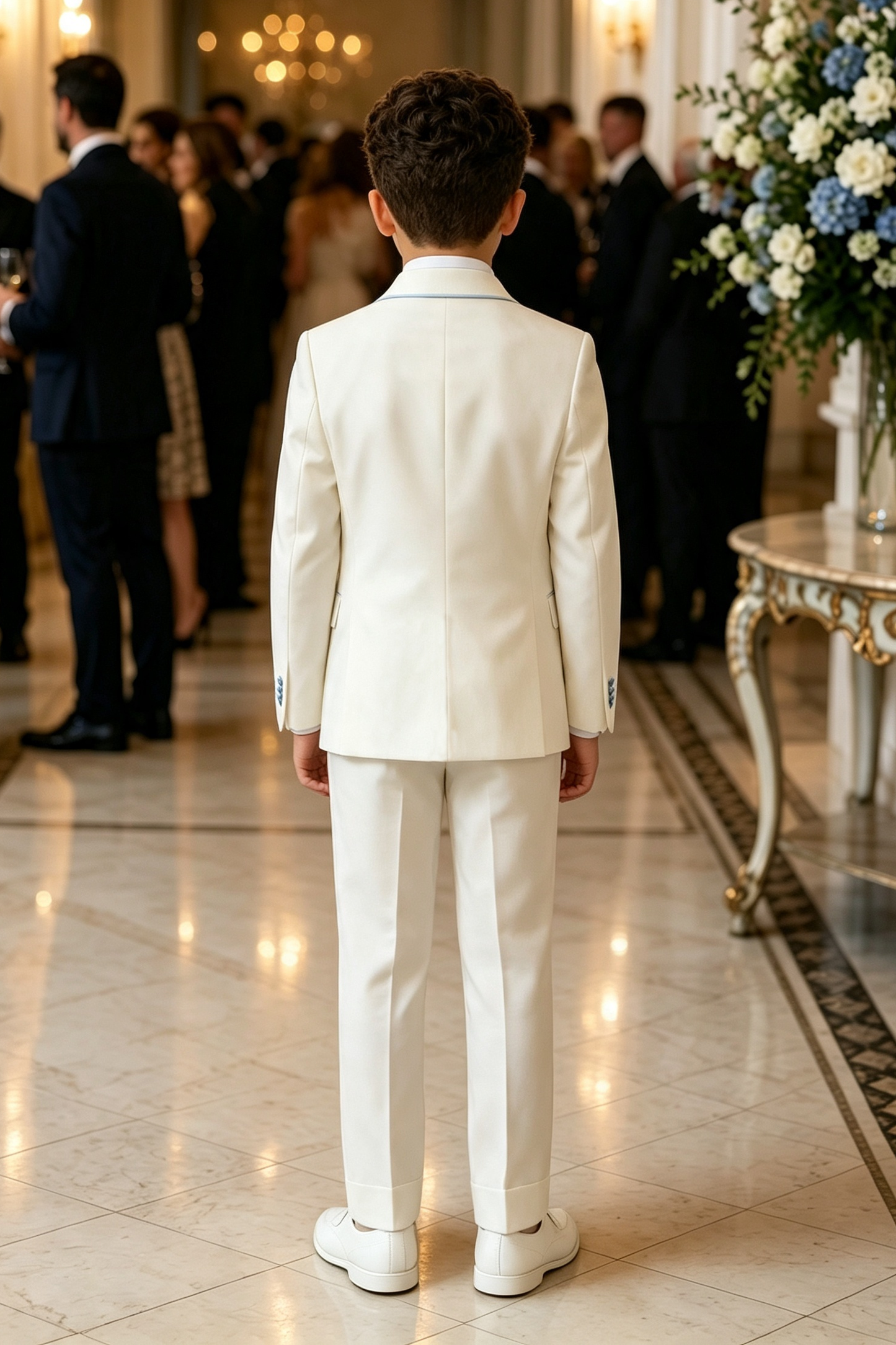 Cream‑White Serge‑Blend Light‑Blue Piping Double‑Breasted 2‑Piece Suit
