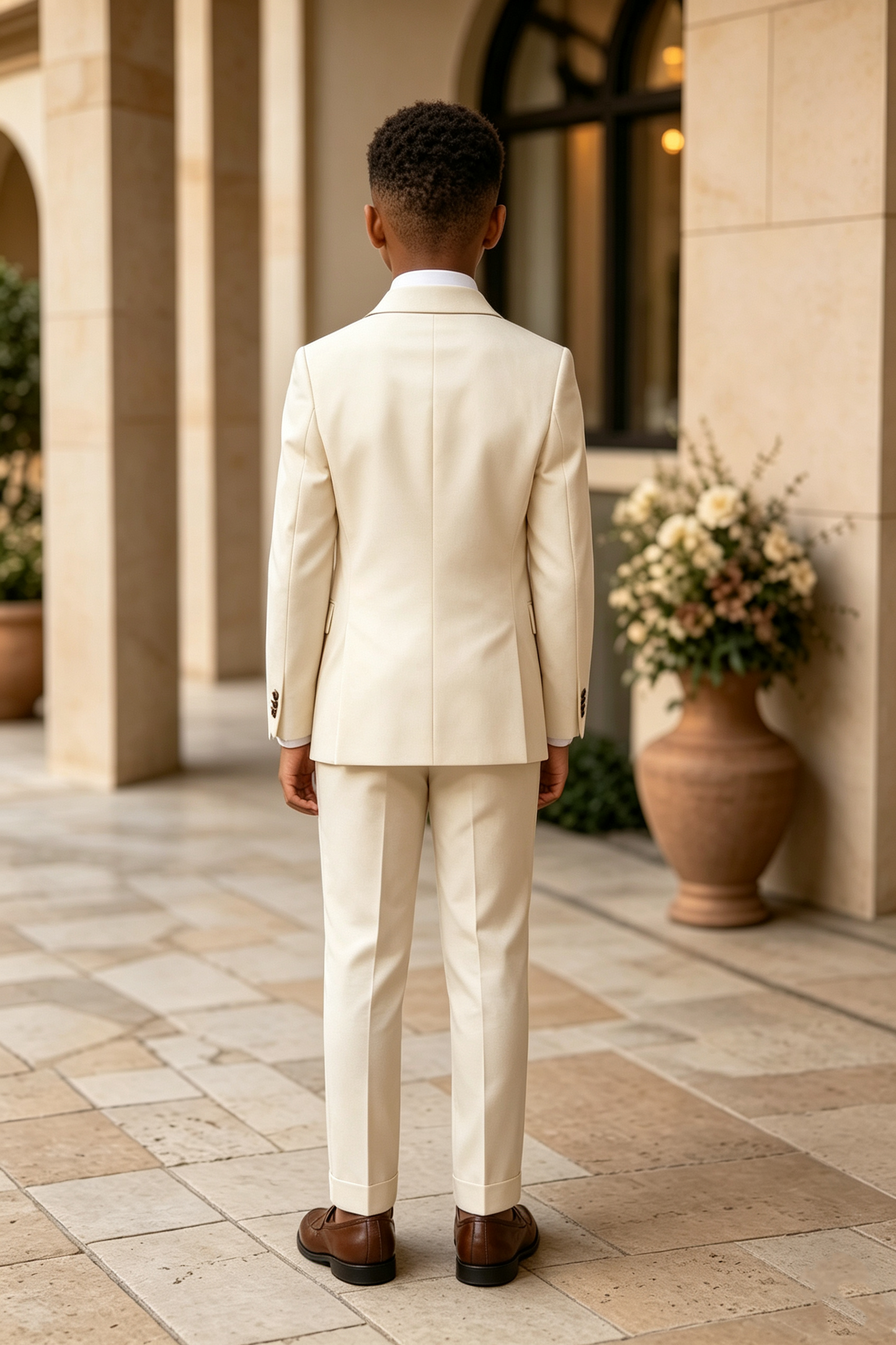 Beige Serge‑Blend Brown Satin Lapels Double‑Breasted 2‑Piece Suit