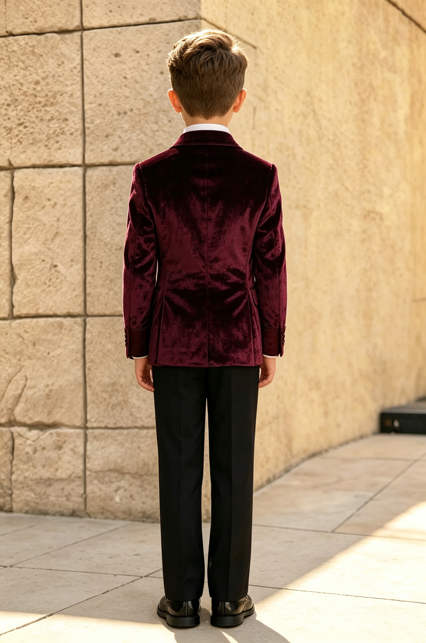 Burgundy Velvet Satin Lapel Black Serge‑Blend Trousers 2‑Piece Suit