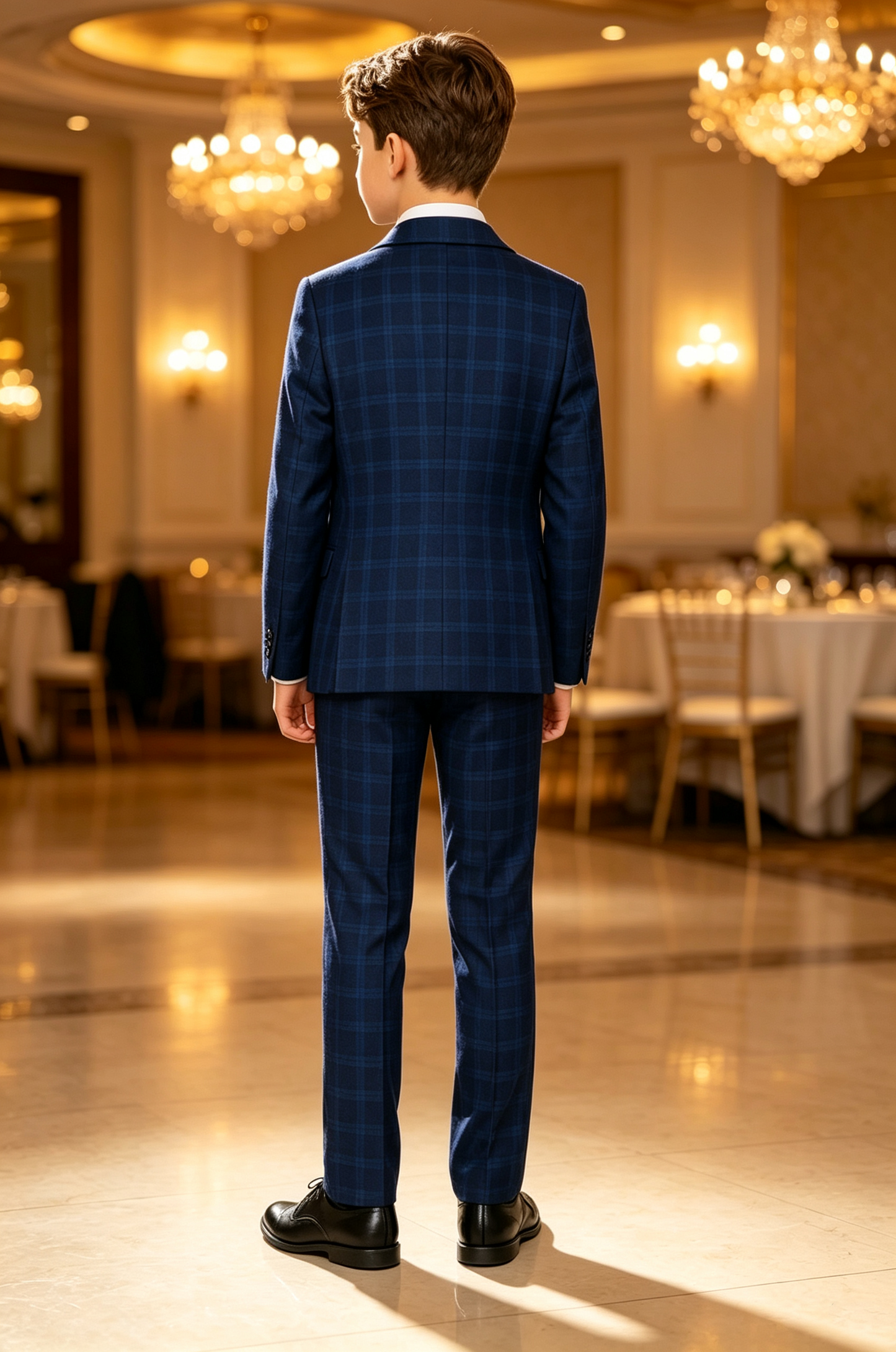 Navy‑Blue Plaid Serge‑Blend Boys Single‑Breasted 3‑Piece Suit