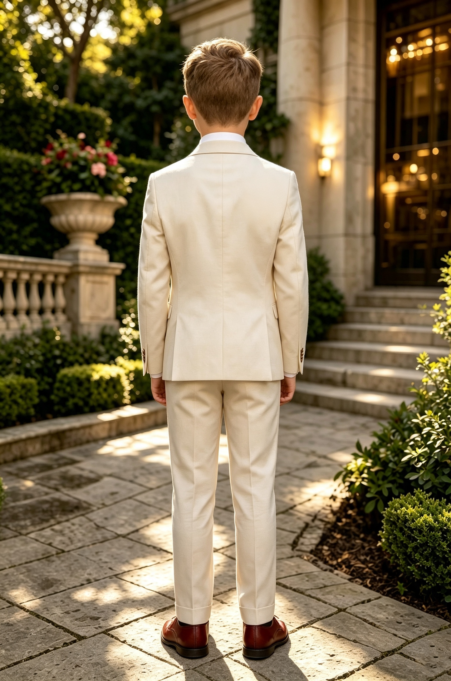 Beige & Burgundy Serge‑Blend Boys Single‑Breasted 3‑Piece Suit