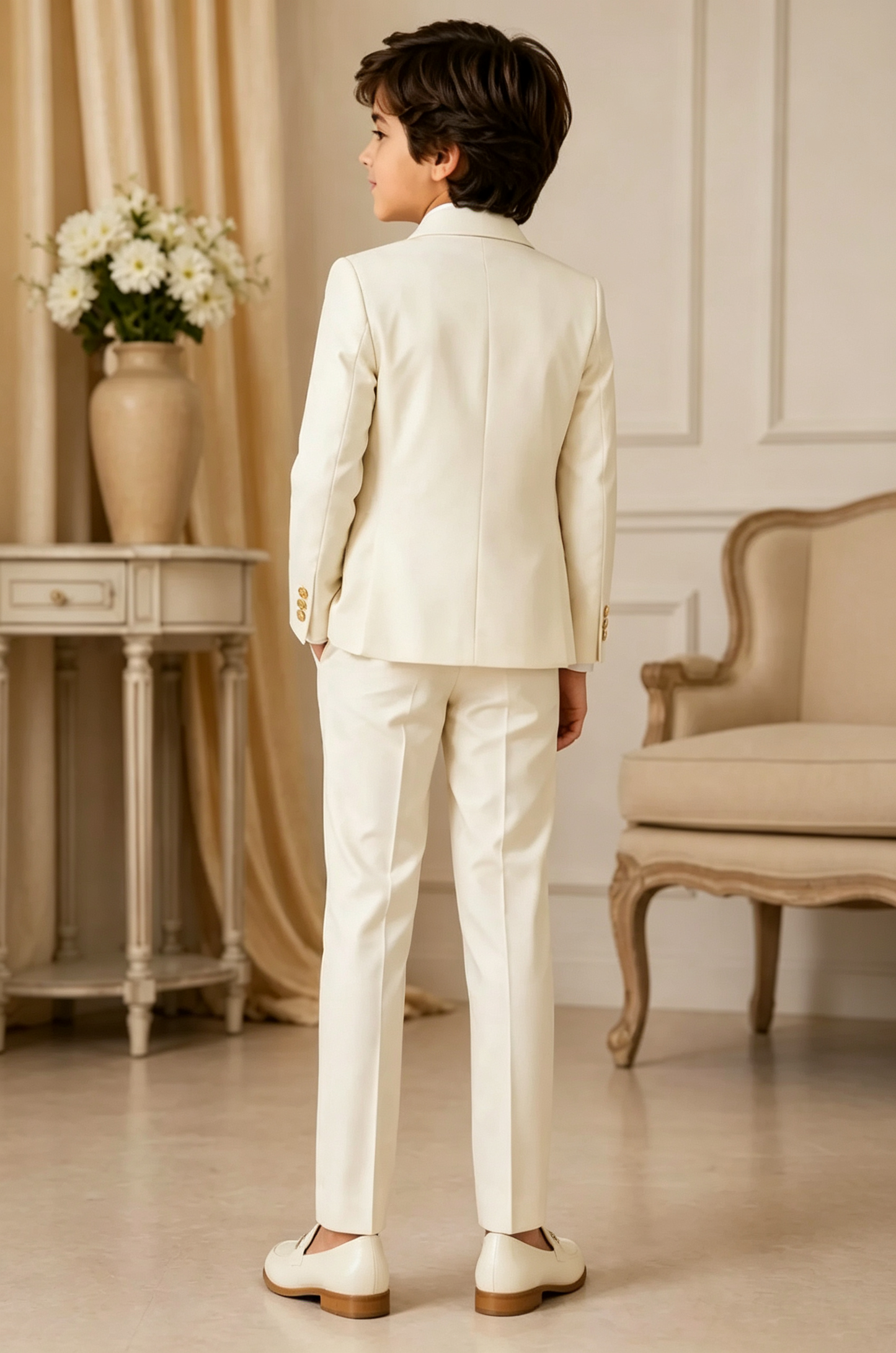 Cream‑White Serge‑Blend Boys Double‑Breasted Waistcoat 3‑Piece Suit