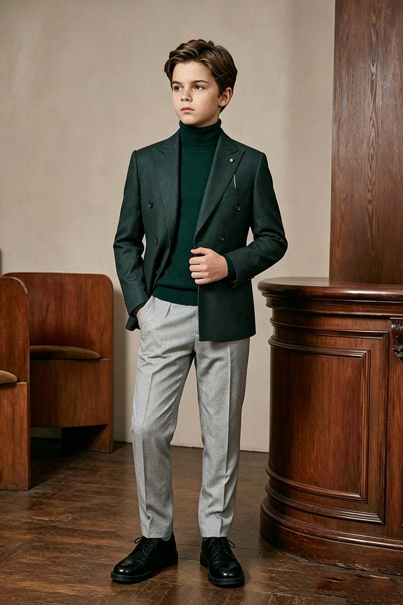 Boys Forest‑Green Grey with Notch Lapel2-Piece Suit for Weddings
