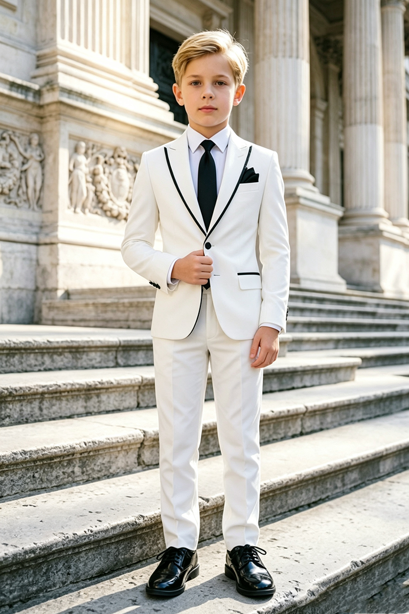 Boys White Tuxedo with Black Contrast Piping 2-Piece Suit for Weddings