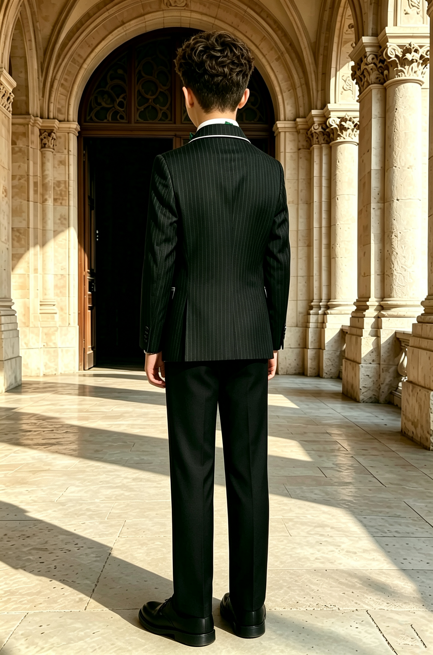 Dark Night Green Striped Serge Blend White Piped Trim Double‑Breasted 2‑Piece Suit