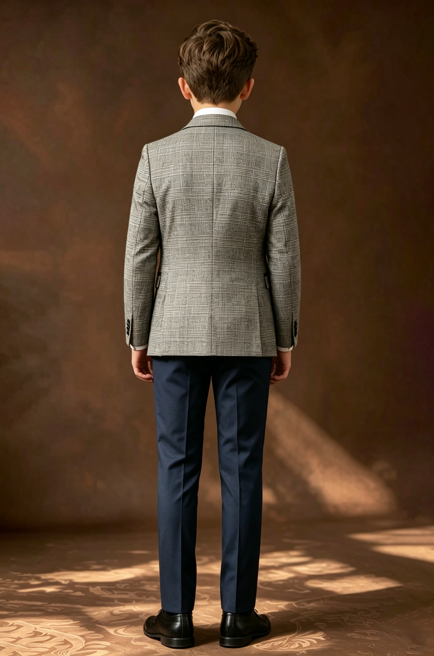 Light Grey Plaid Serge‑Blend Navy‑Blue Satin Lapels Suit Jacket