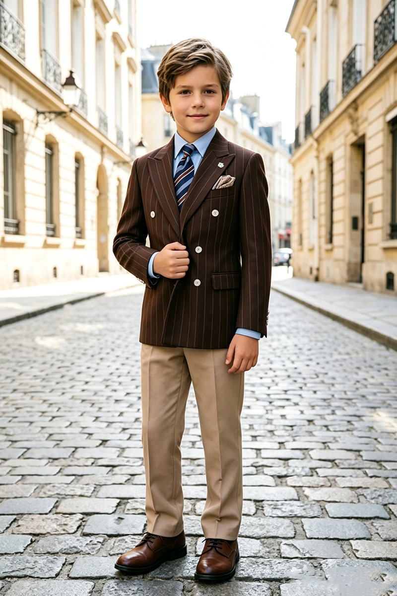 Boys Brown Pinstripe Double‑Breasted Notch Lapel 2‑Piece Suit for Weddings
