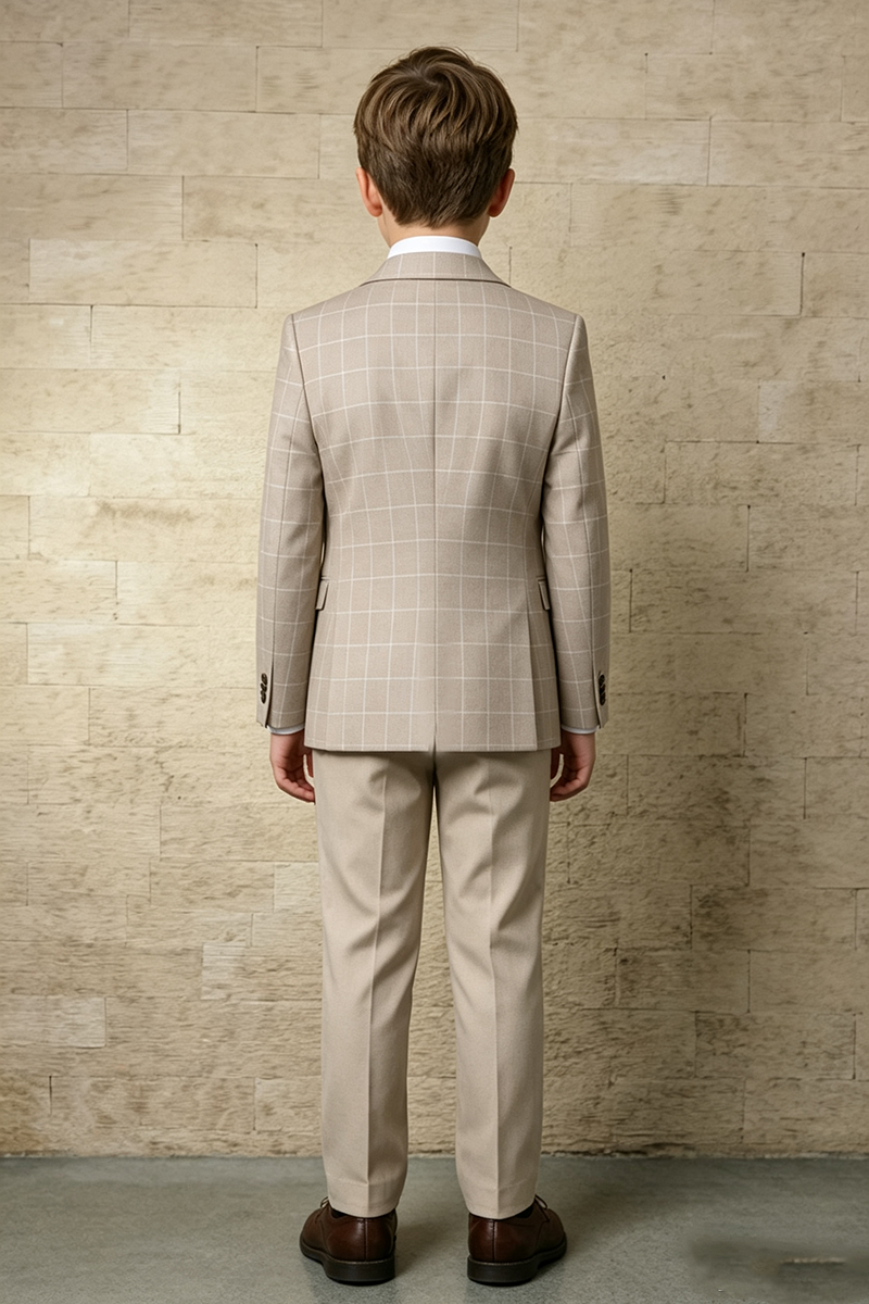 Boys Beige Check with Notch Lapel 3-Piece Suit for Weddings