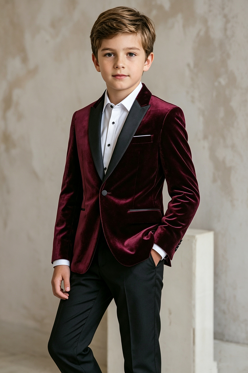 Boys Burgundy Velvet Blazer for Weddings with Contrast Satin Shawl Lapel