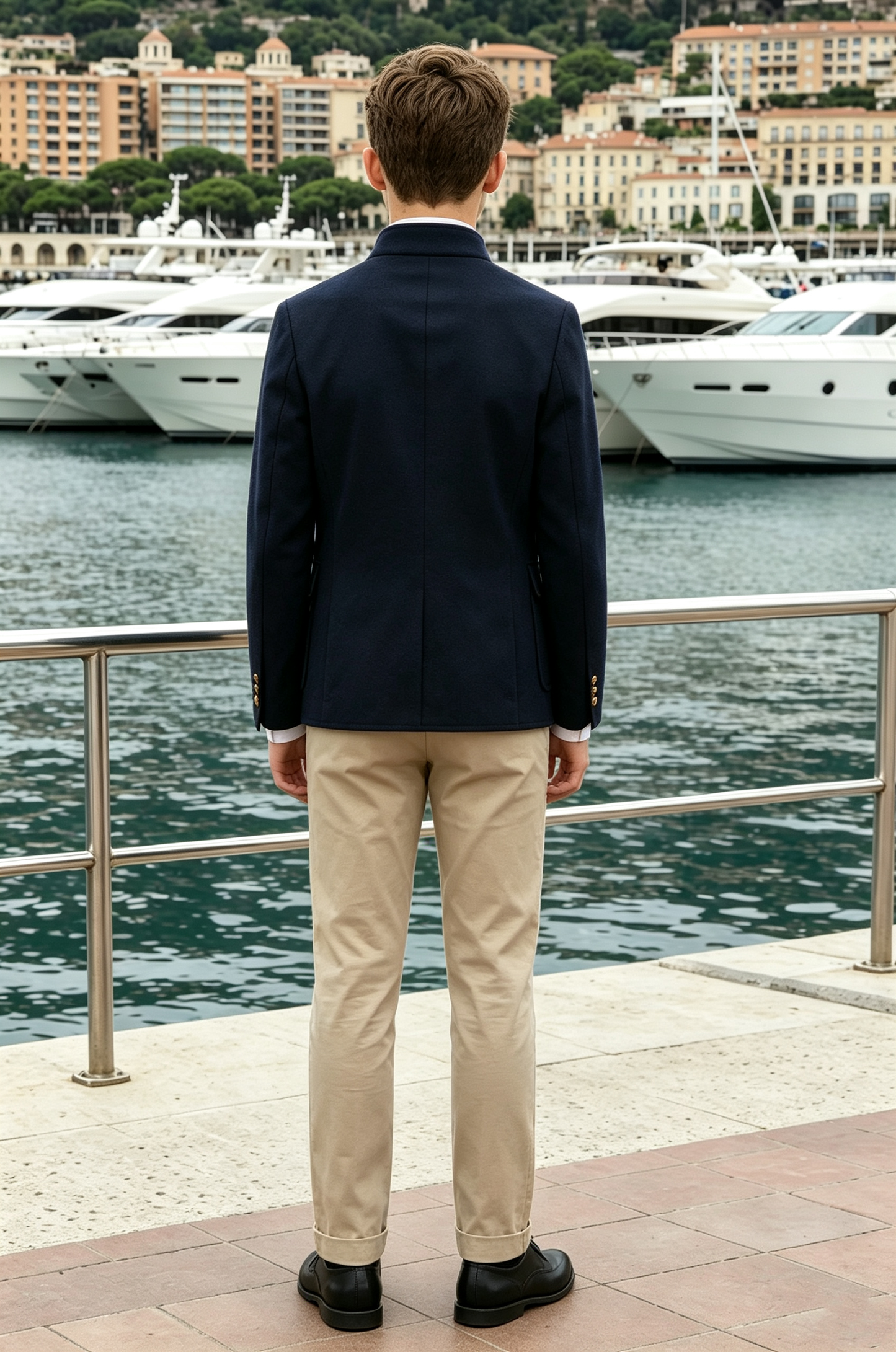 Navy & Khaki Stand‑Collar Gold Buttons Single‑Breasted 2‑Piece Suit