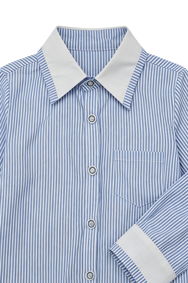 Boys Blue‑Striped Long‑Sleeve Shirt for Weddings with Contrast Collar